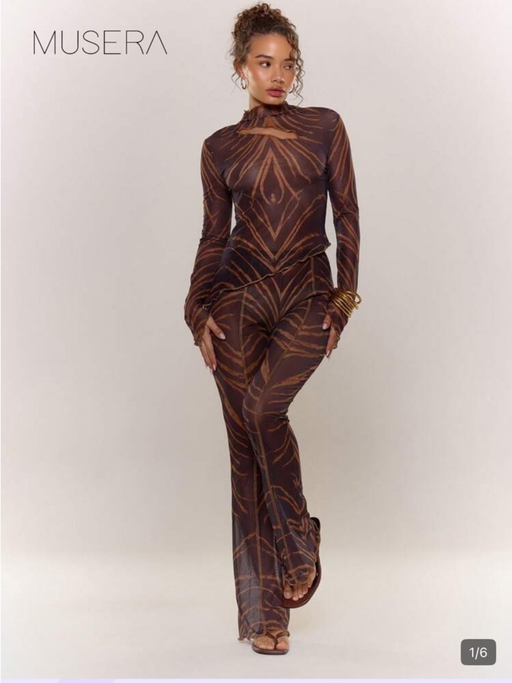 Brown Printed Sheer Wide-Leg two set pieces